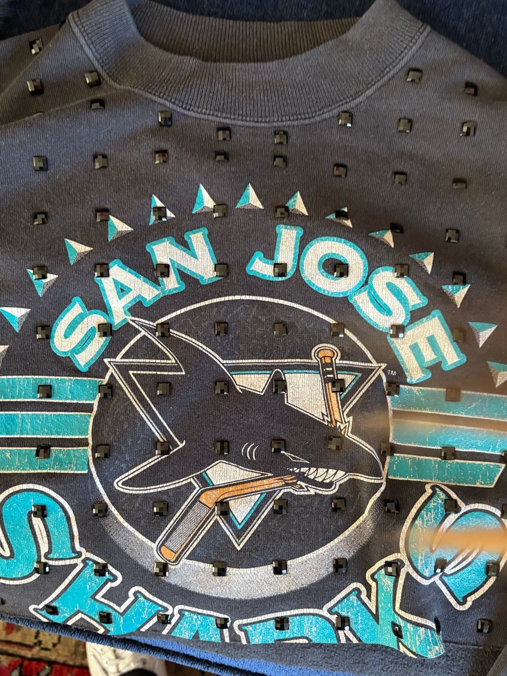 LF Vintage San Jose Sharks Studded Logo Sweatshirt - Black & Teal